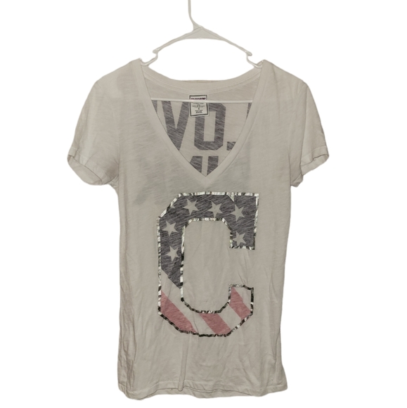 PINK red white blue V neck C graphic tee small shirt - Picture 1 of 3